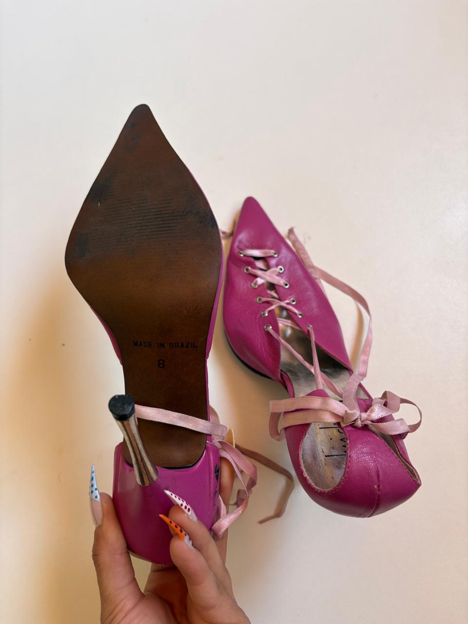 Hot pink leather lace up heels