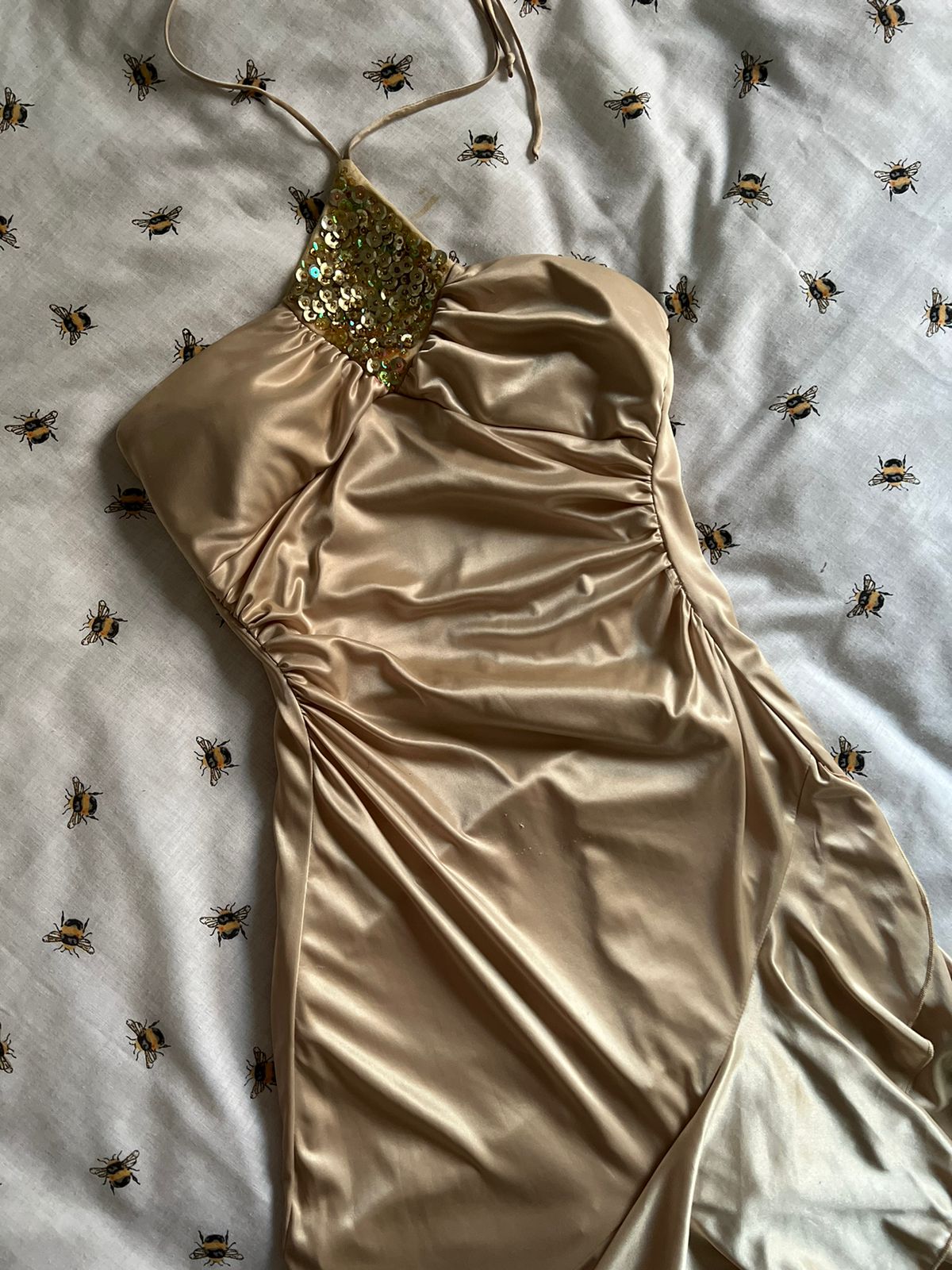 Vintage y2k stretch satin ruched waist ruffled halter sequined dress