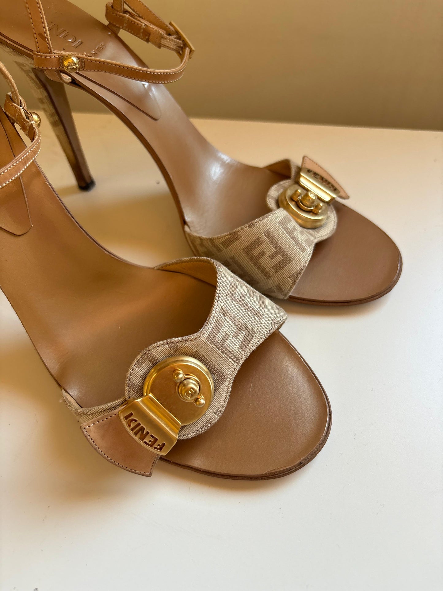 Fendi ankle strap monogram heels