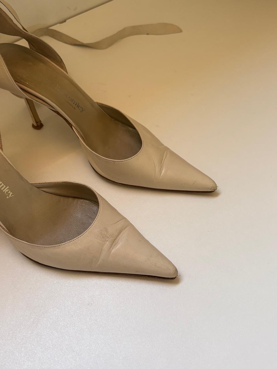Russell & Bromley pointy cream leather ankle wrap ties pumps